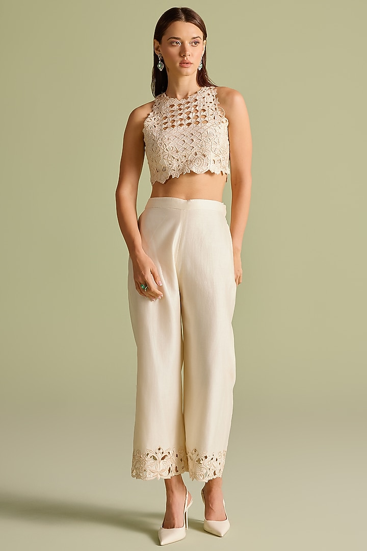 Ivory Chanderi Cutwork Crop Top by Chandrima at Pernia's Pop Up Shop