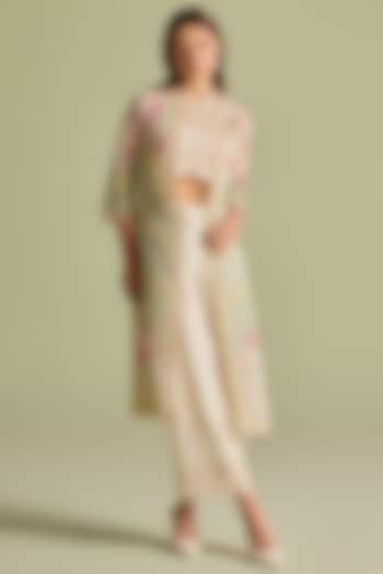 Ivory & Aqua Silk Organza Applique Work Long Jacket by Chandrima at Pernia's Pop Up Shop