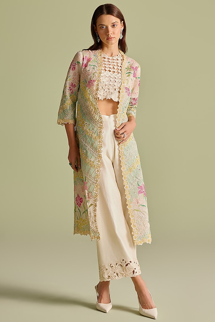 Ivory & Aqua Silk Organza Applique Work Long Jacket by Chandrima at Pernia's Pop Up Shop