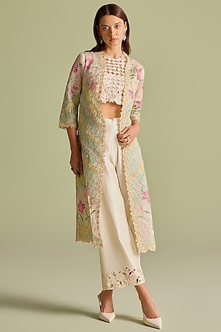 Ivory & Aqua Silk Organza Applique Work Long Jacket by Chandrima