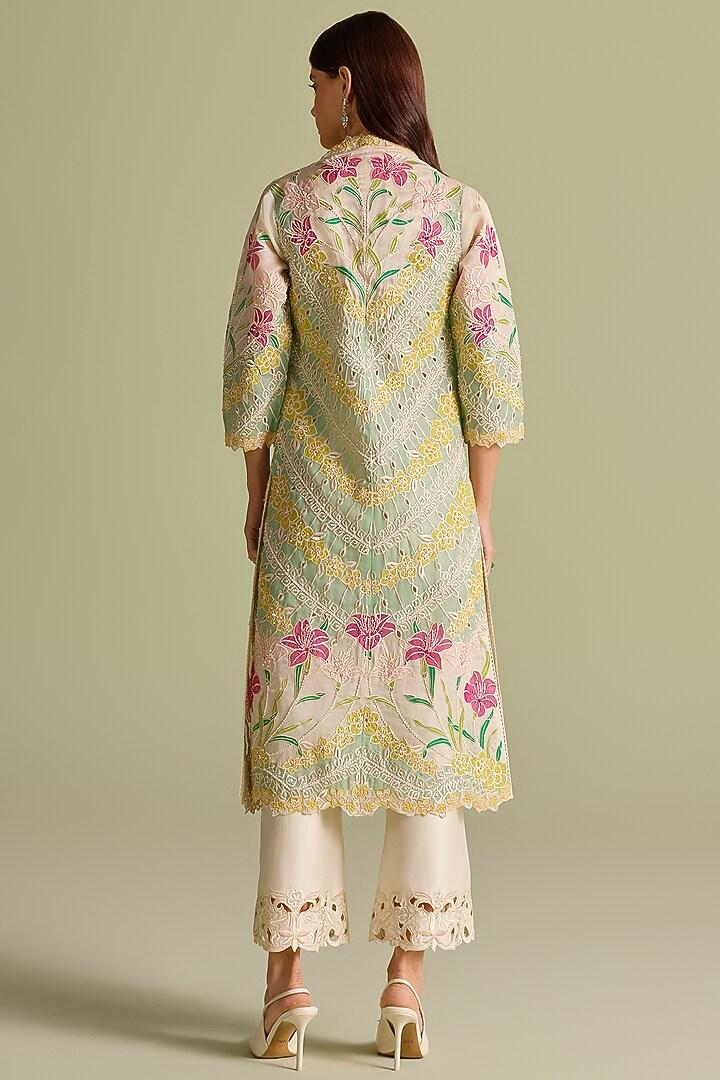 Ivory & Aqua Silk Organza Applique Work Long Jacket by Chandrima at Pernia's Pop Up Shop