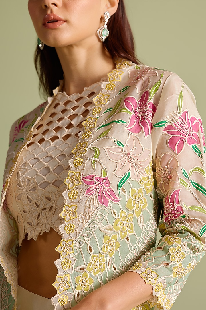 Ivory & Aqua Silk Organza Applique Work Long Jacket by Chandrima at Pernia's Pop Up Shop