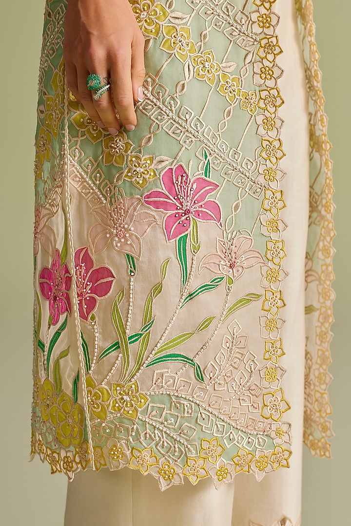 Ivory & Aqua Silk Organza Applique Work Long Jacket by Chandrima at Pernia's Pop Up Shop