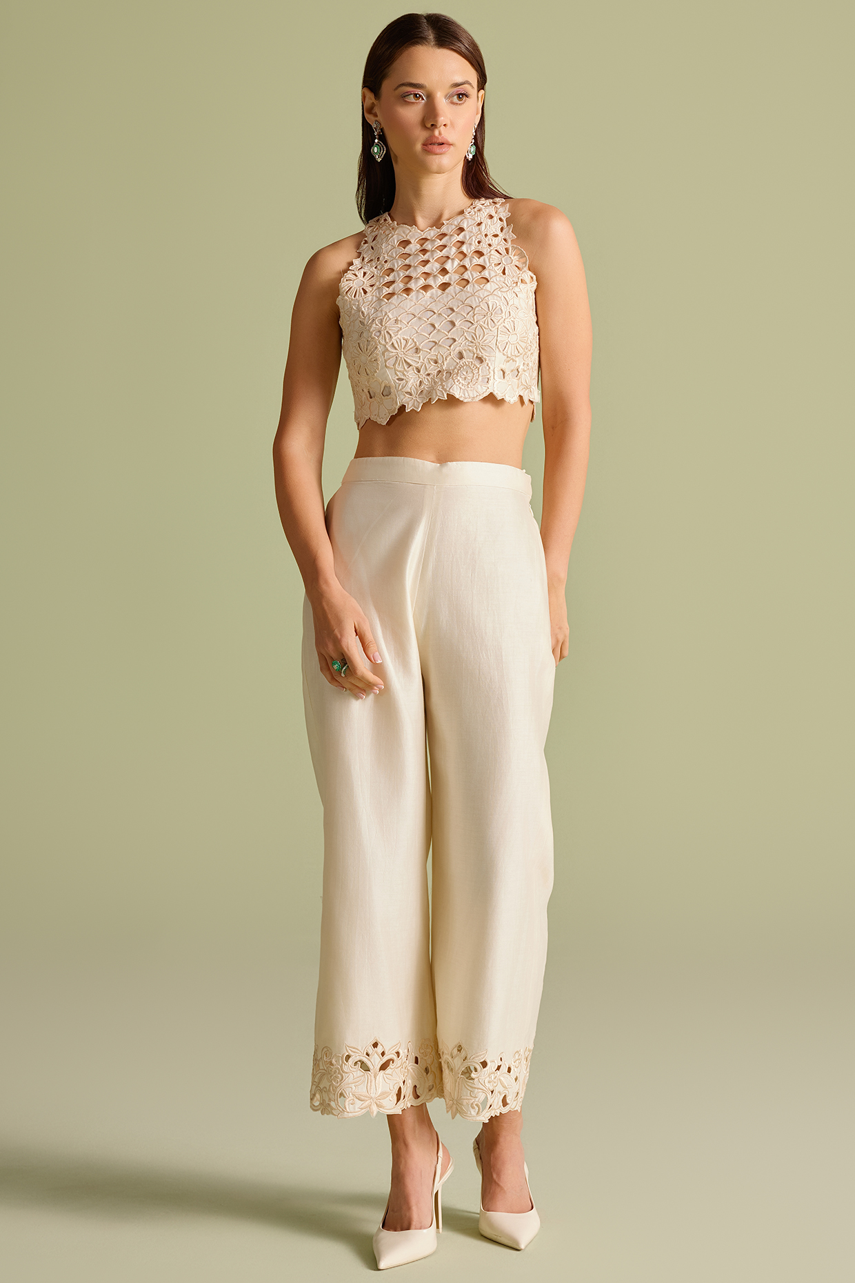 Ivory Chanderi Cutwork Straight Pants by Chandrima at Pernia's Pop Up Shop