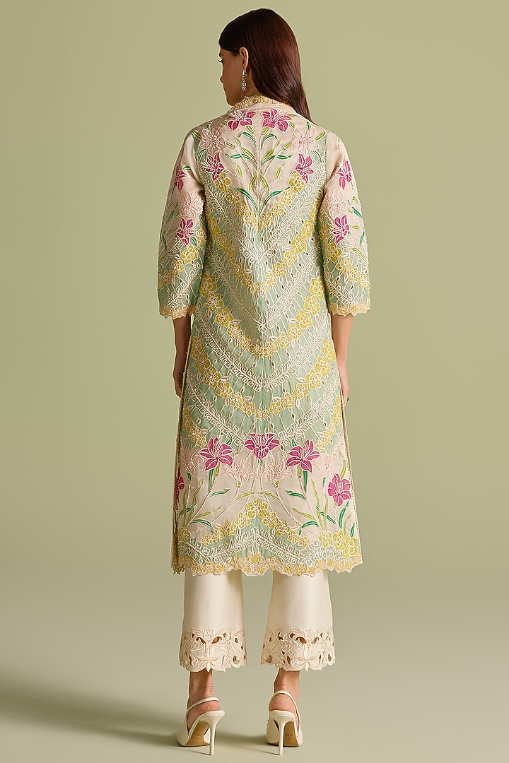 Ivory Chanderi Cutwork Straight Pants by Chandrima at Pernia's Pop Up Shop