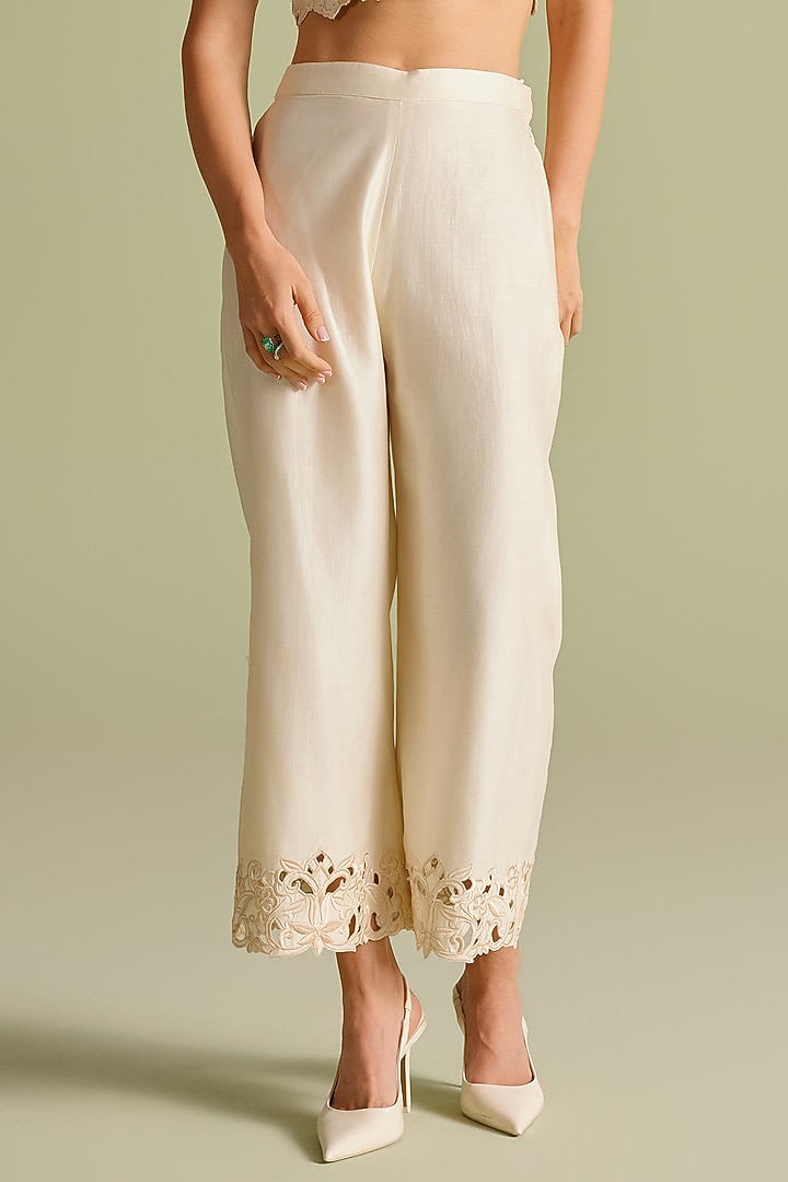 Ivory Chanderi Cutwork Straight Pants by Chandrima at Pernia's Pop Up Shop