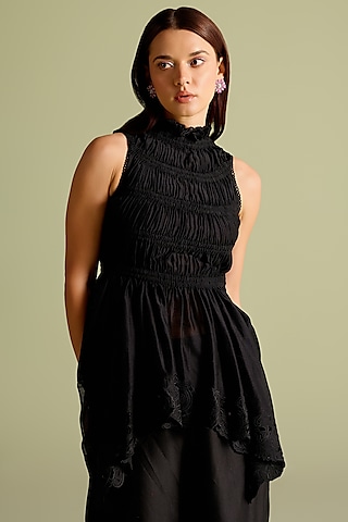 Black Chanderi Cutwork Asymmetric Peplum Top by Chandrima