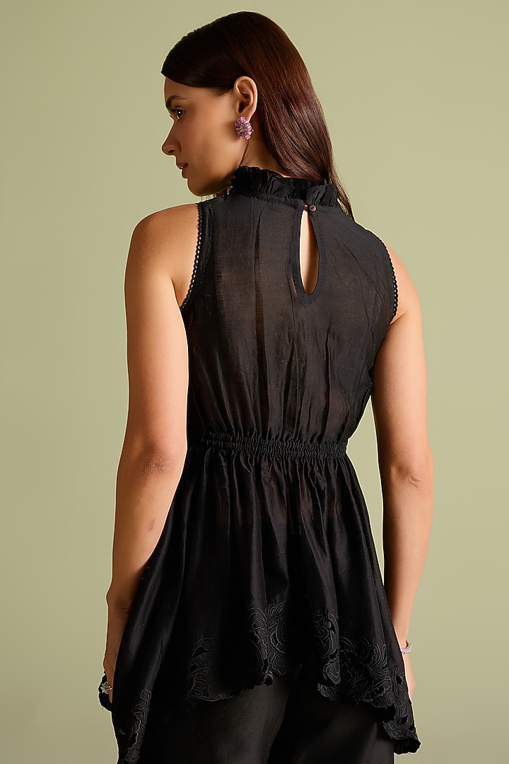 Black Chanderi Cutwork Asymmetric Peplum Top by Chandrima at Pernia's Pop Up Shop