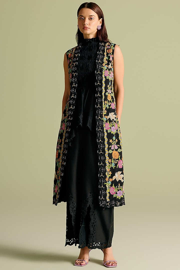 Black Kala Cotton Cutwork Long Jacket by Chandrima at Pernia's Pop Up Shop