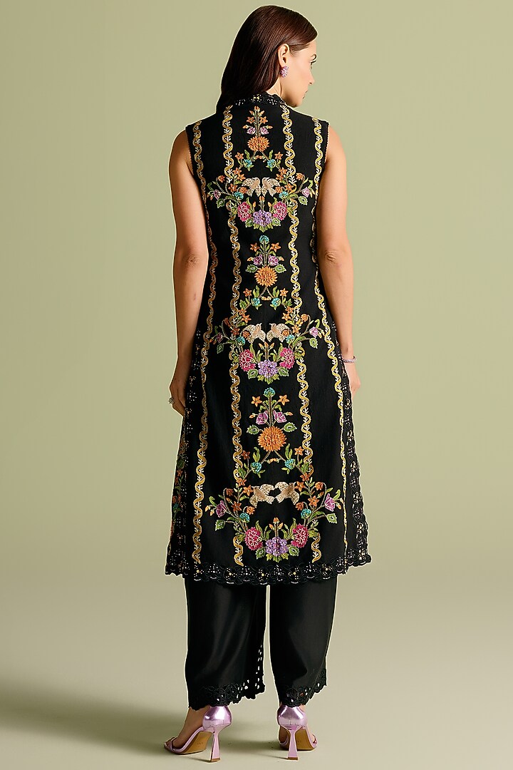 Black Kala Cotton Cutwork Long Jacket by Chandrima at Pernia's Pop Up Shop