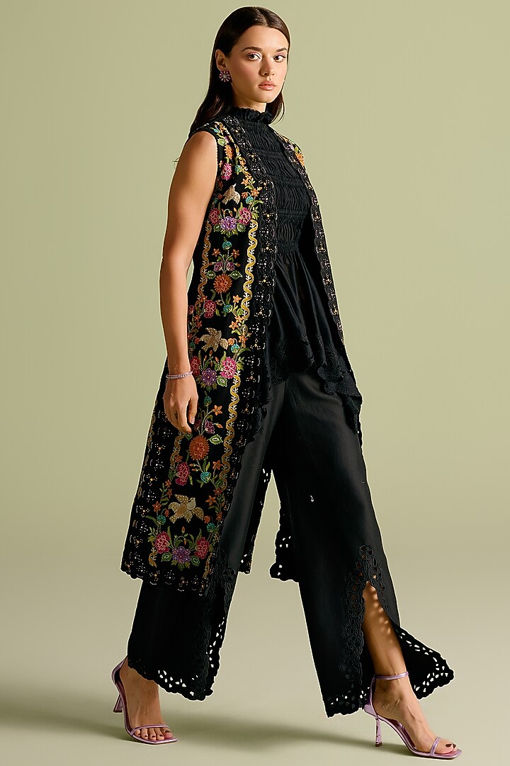 Black Kala Cotton Cutwork Long Jacket by Chandrima at Pernia's Pop Up Shop