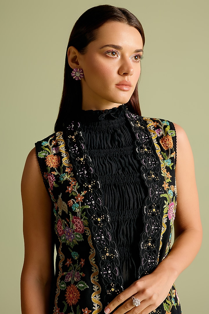 Black Kala Cotton Cutwork Long Jacket by Chandrima at Pernia's Pop Up Shop
