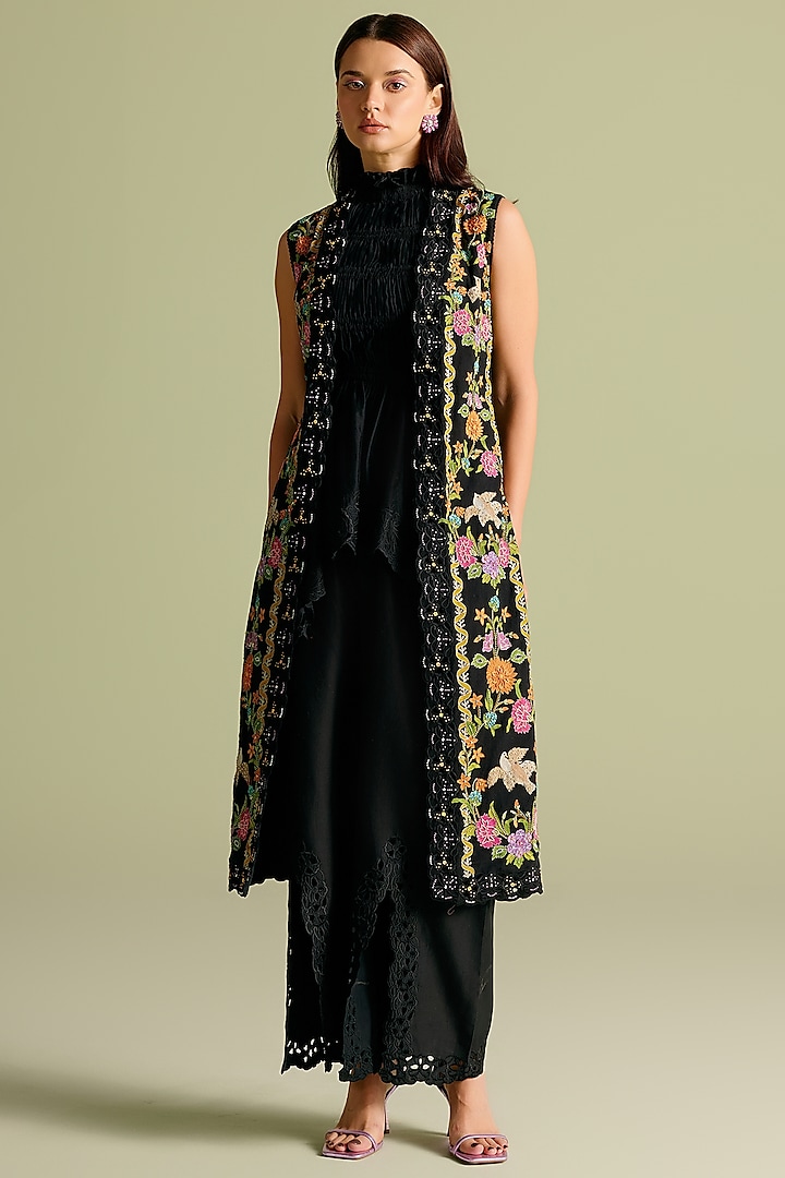 Black Chanderi Cutwork Bell Bottom Pants by Chandrima at Pernia's Pop Up Shop