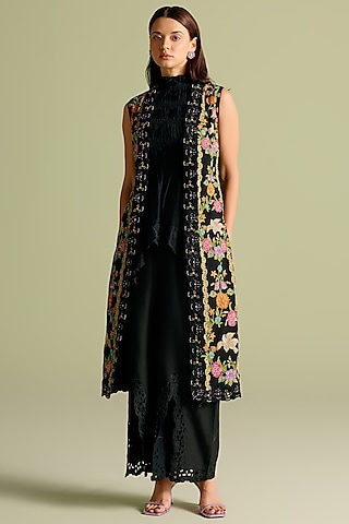 Black Chanderi Cutwork Bell Bottom Pants by Chandrima