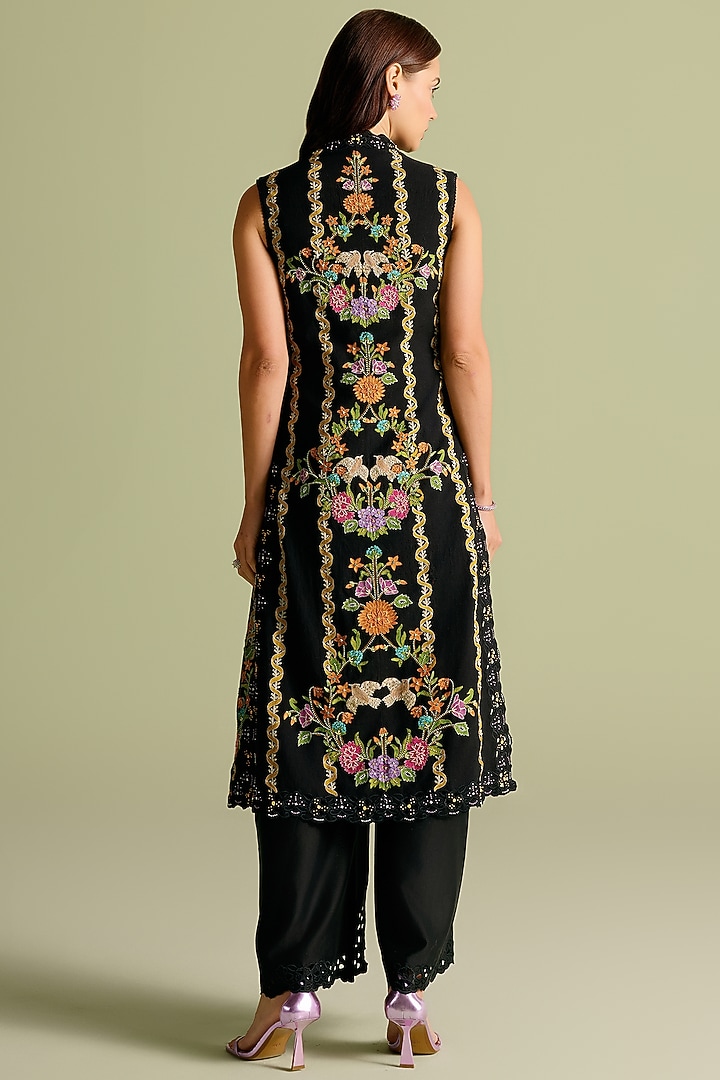Black Chanderi Cutwork Bell Bottom Pants by Chandrima at Pernia's Pop Up Shop