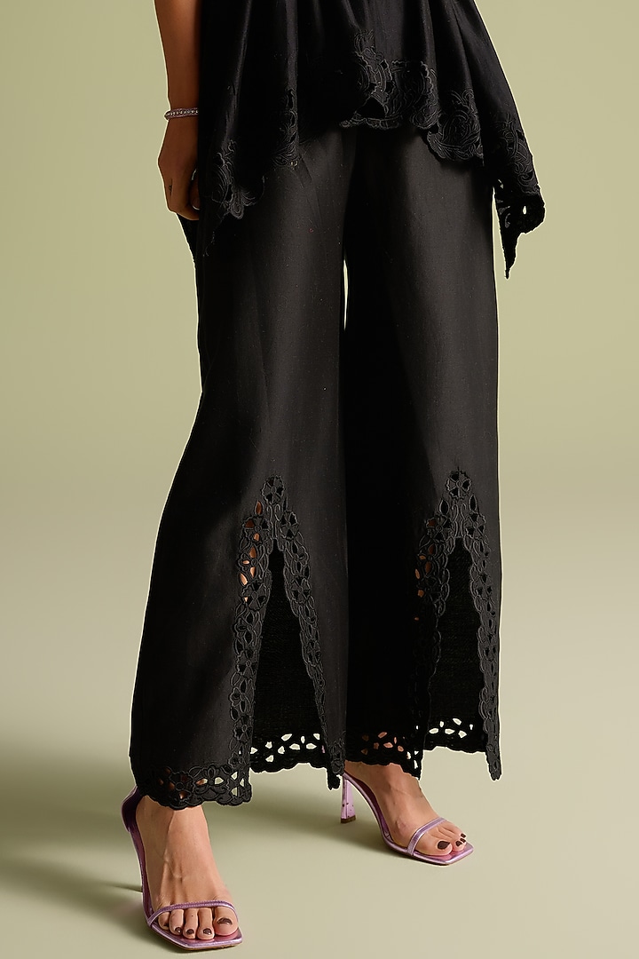 Black Chanderi Cutwork Bell Bottom Pants by Chandrima at Pernia's Pop Up Shop