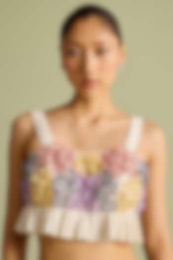 Ivory Chanderi 3D Hydrangea Applique Work Pleated Bustier by Chandrima at Pernia's Pop Up Shop