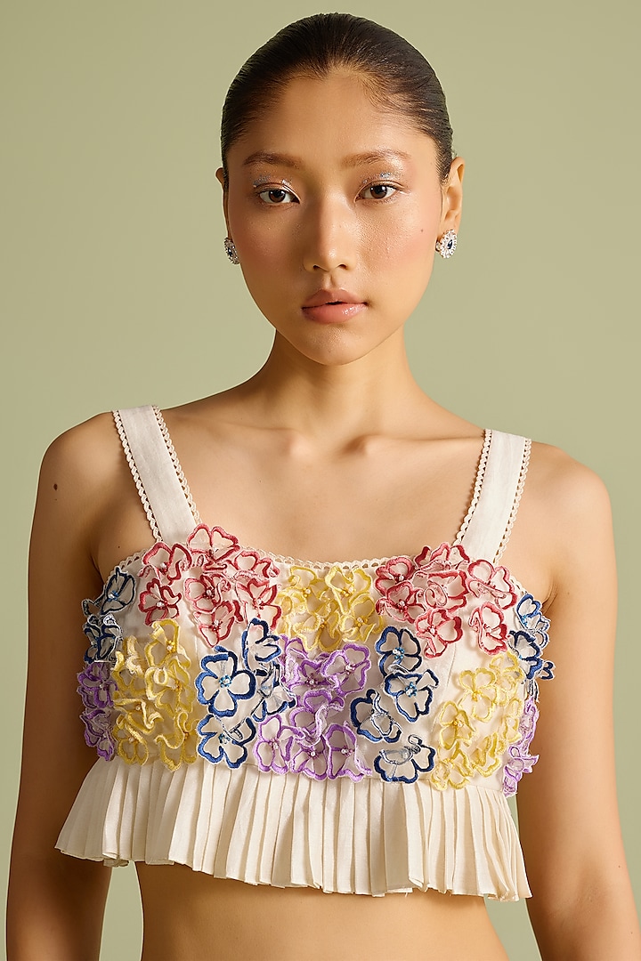 Ivory Chanderi 3D Hydrangea Applique Work Pleated Bustier by Chandrima at Pernia's Pop Up Shop