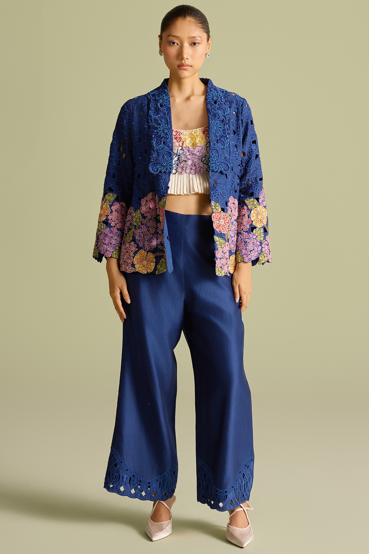 Indigo Chanderi Cutwork Flared Jacket by Chandrima at Pernia's Pop Up Shop