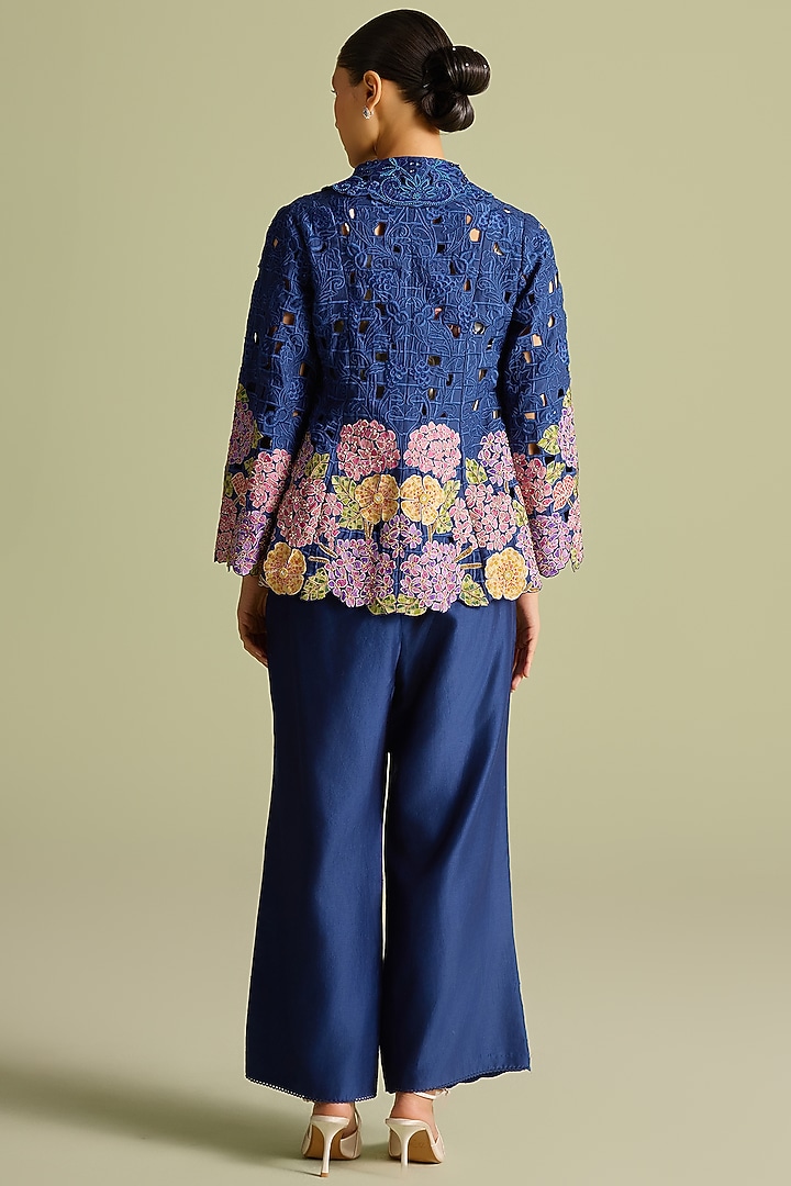 Indigo Chanderi Cutwork Flared Jacket by Chandrima at Pernia's Pop Up Shop