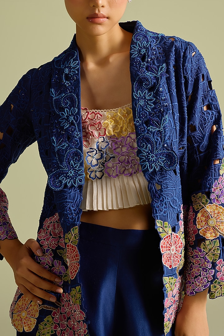 Indigo Chanderi Cutwork Flared Jacket by Chandrima at Pernia's Pop Up Shop