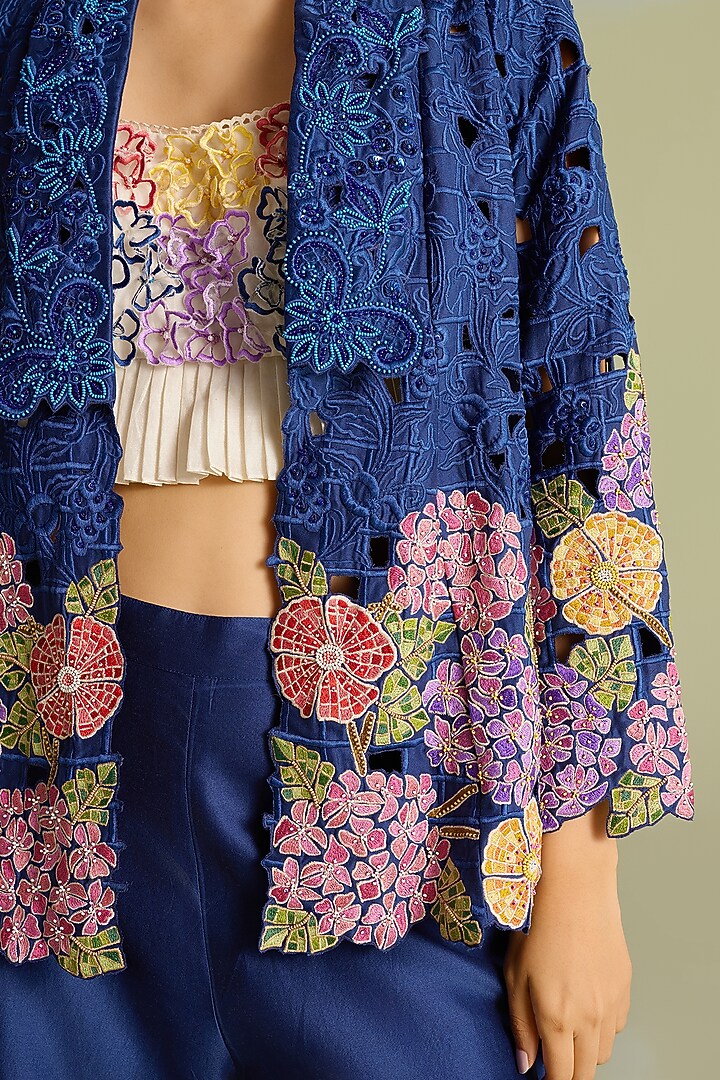 Indigo Chanderi Cutwork Flared Jacket by Chandrima at Pernia's Pop Up Shop
