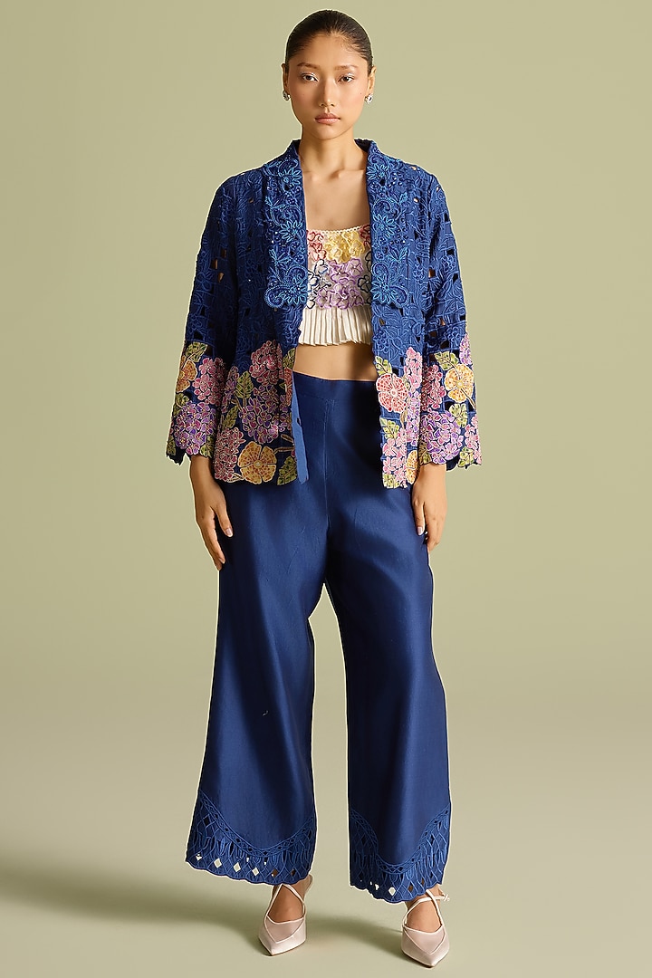 Indigo Chanderi Tonal Cutwork Pants by Chandrima at Pernia's Pop Up Shop