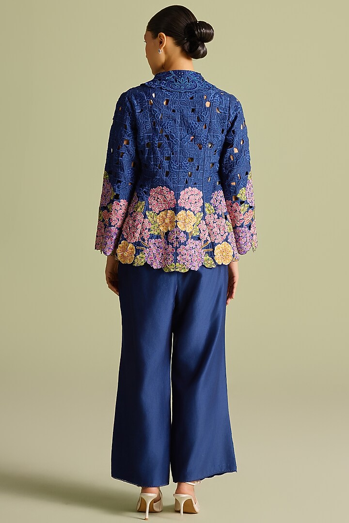 Indigo Chanderi Tonal Cutwork Pants by Chandrima at Pernia's Pop Up Shop