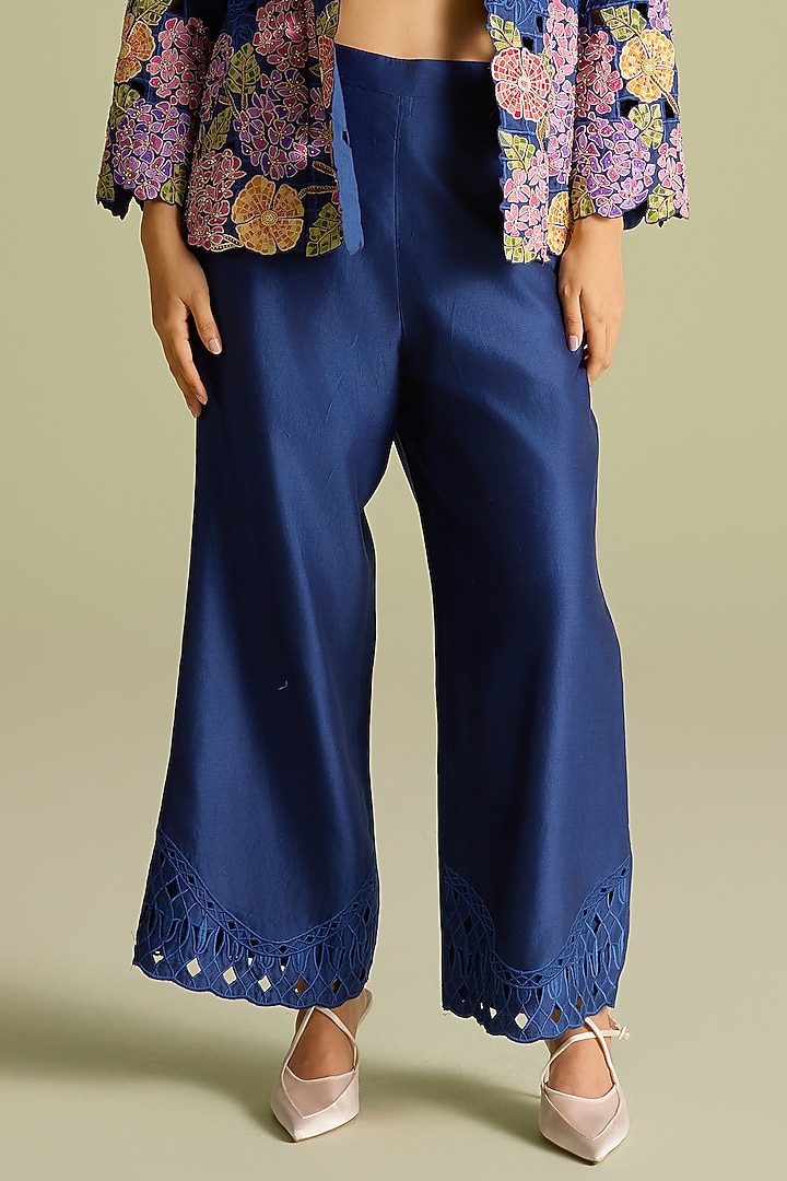 Indigo Chanderi Tonal Cutwork Pants by Chandrima at Pernia's Pop Up Shop