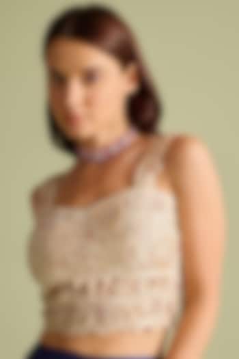 Ivory Chanderi Tonal Bead & Cutwork Bustier by Chandrima at Pernia's Pop Up Shop