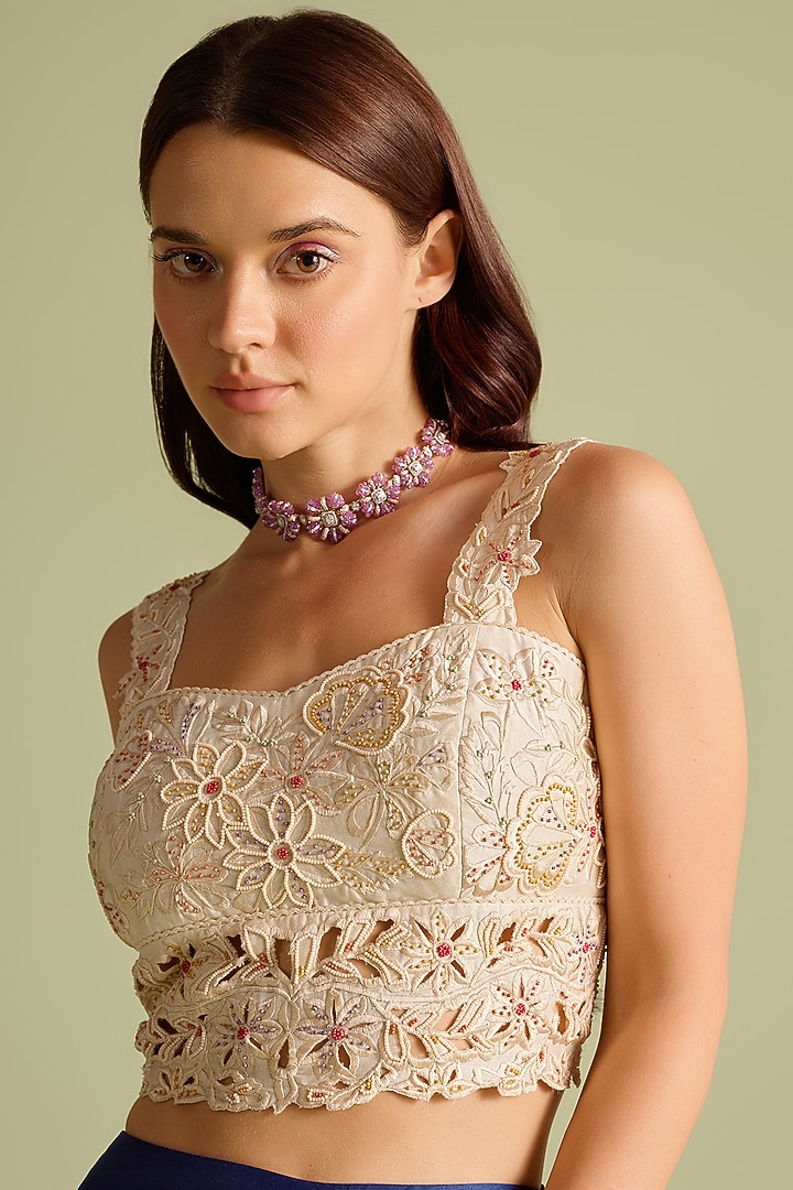 Ivory Chanderi Tonal Bead & Cutwork Bustier by Chandrima at Pernia's Pop Up Shop