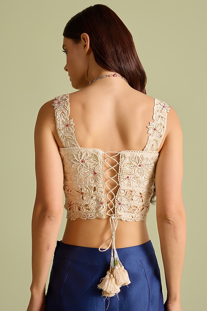Ivory Chanderi Tonal Bead & Cutwork Bustier by Chandrima at Pernia's Pop Up Shop