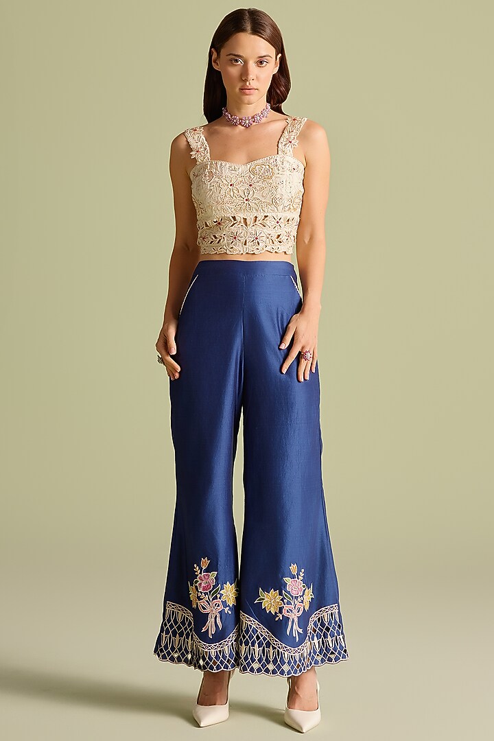 Ivory Chanderi Tonal Bead & Cutwork Bustier by Chandrima at Pernia's Pop Up Shop