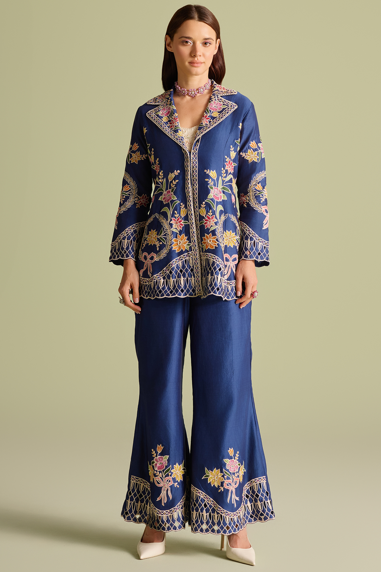 Indigo Chanderi Applique Thread Work Flared Jacket by Chandrima at Pernia's Pop Up Shop