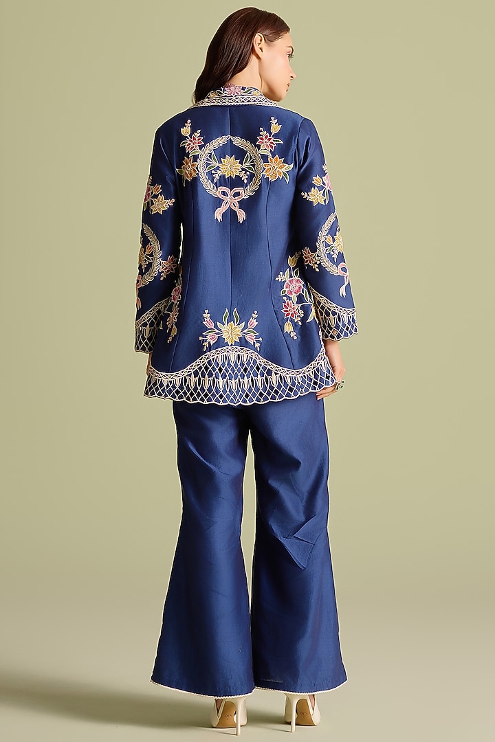 Indigo Chanderi Applique Thread Work Flared Jacket by Chandrima at Pernia's Pop Up Shop