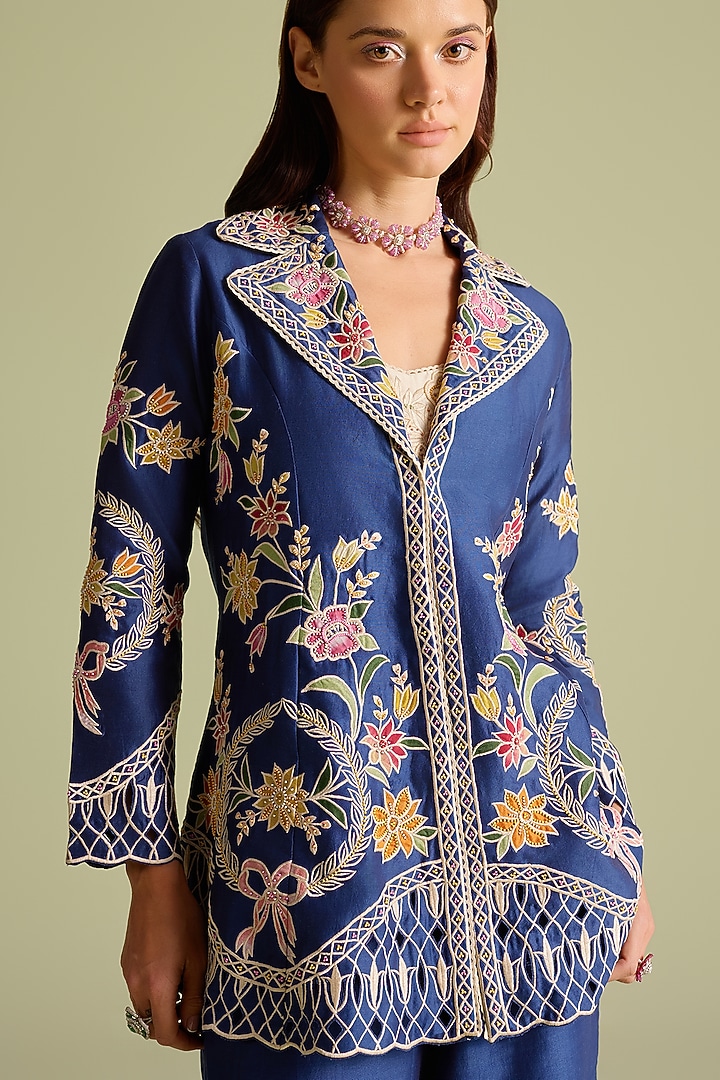 Indigo Chanderi Applique Thread Work Flared Jacket by Chandrima at Pernia's Pop Up Shop