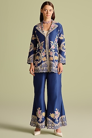 Indigo Chanderi Applique Thread Work Bell Bottom Pants by Chandrima