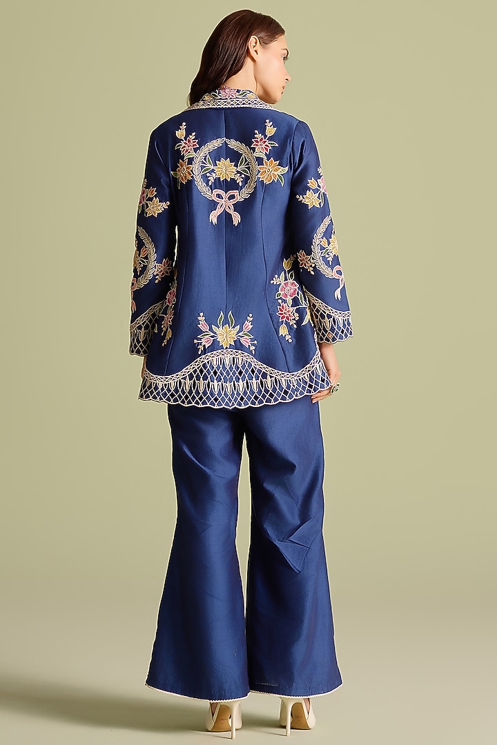 Indigo Chanderi Applique Thread Work Bell Bottom Pants by Chandrima at Pernia's Pop Up Shop