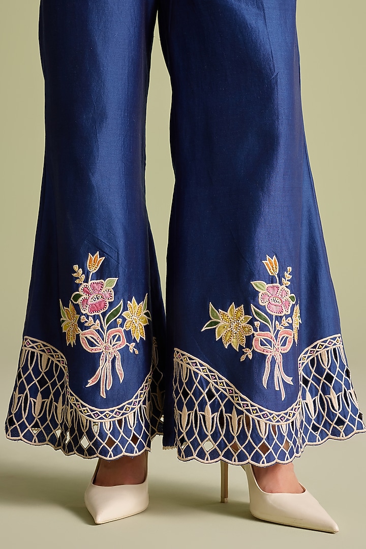 Indigo Chanderi Applique Thread Work Bell Bottom Pants by Chandrima at Pernia's Pop Up Shop