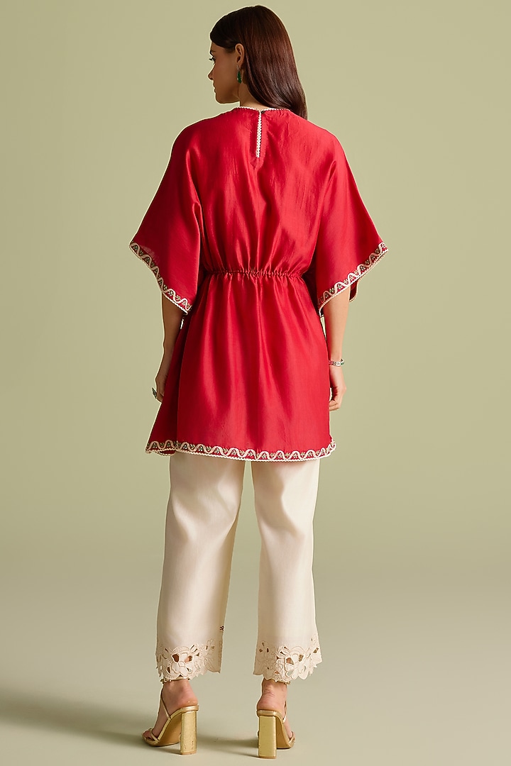 Red Chanderi Thread Work Kaftan by Chandrima at Pernia's Pop Up Shop