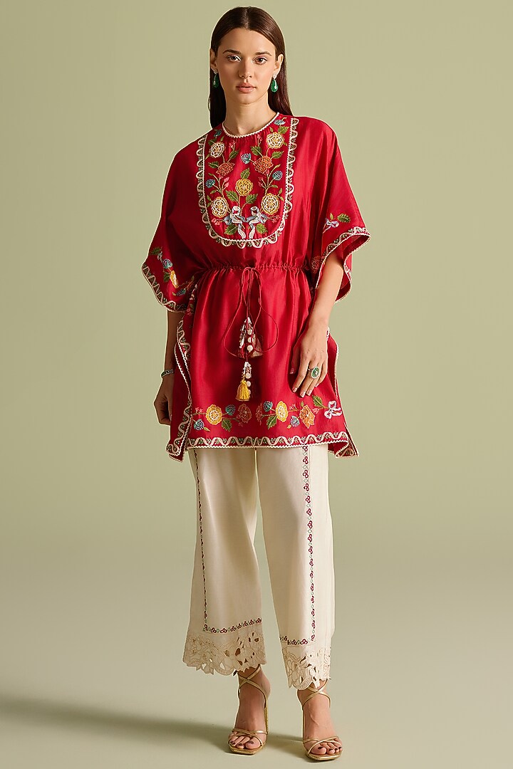 Red Chanderi Thread Work Kaftan by Chandrima at Pernia's Pop Up Shop