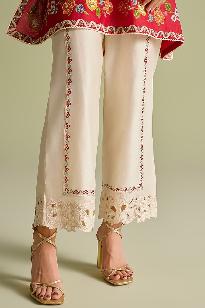 Ivory Chanderi Thread & Cutwork Pants by Chandrima at Pernia's Pop Up Shop