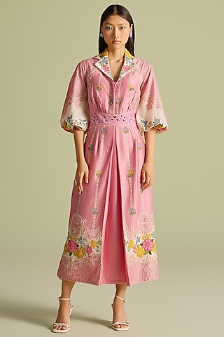 Pink & Ivory Chanderi Thread & Bead Work Dress by Chandrima