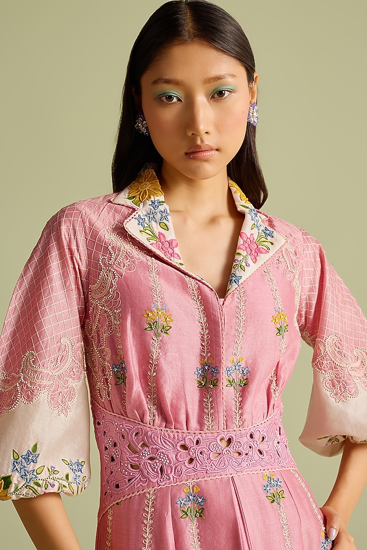 Pink & Ivory Chanderi Thread & Bead Work Cocktail Dress by Chandrima at Pernia's Pop Up Shop