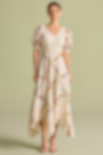 Ivory Chanderi Floral Thread Work Ruched Cocktail Dress by Chandrima at Pernia's Pop Up Shop