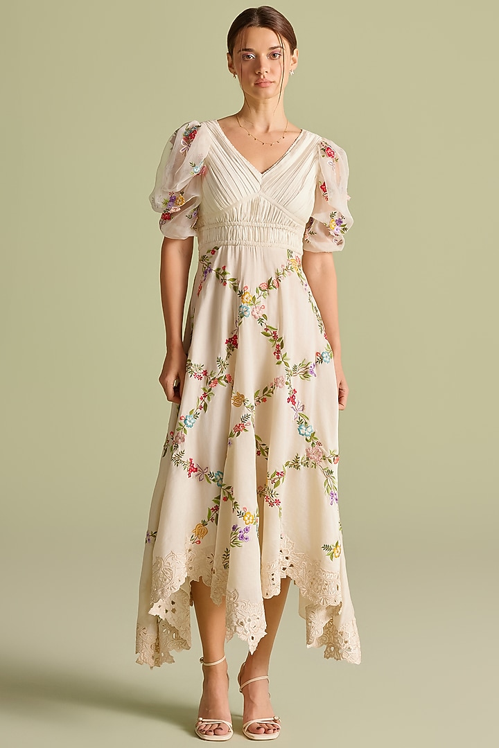 Ivory Chanderi Floral Thread Work Ruched Cocktail Dress by Chandrima at Pernia's Pop Up Shop
