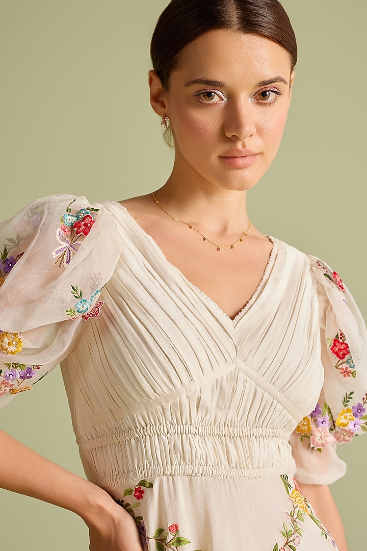 Ivory Chanderi Floral Thread Work Ruched Cocktail Dress by Chandrima at Pernia's Pop Up Shop