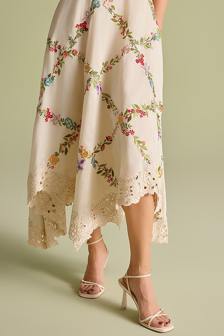 Ivory Chanderi Floral Thread Work Ruched Cocktail Dress by Chandrima at Pernia's Pop Up Shop