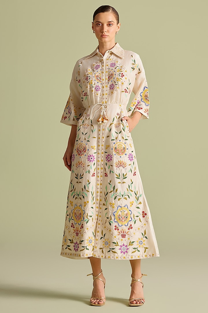 Ivory Chanderi Thread & Bead Work Cocktail Shirt Dress by Chandrima at Pernia's Pop Up Shop