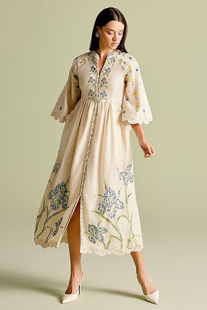 Ivory Chanderi Thread & Cutwork Midi Cocktail Dress by Chandrima at Pernia's Pop Up Shop